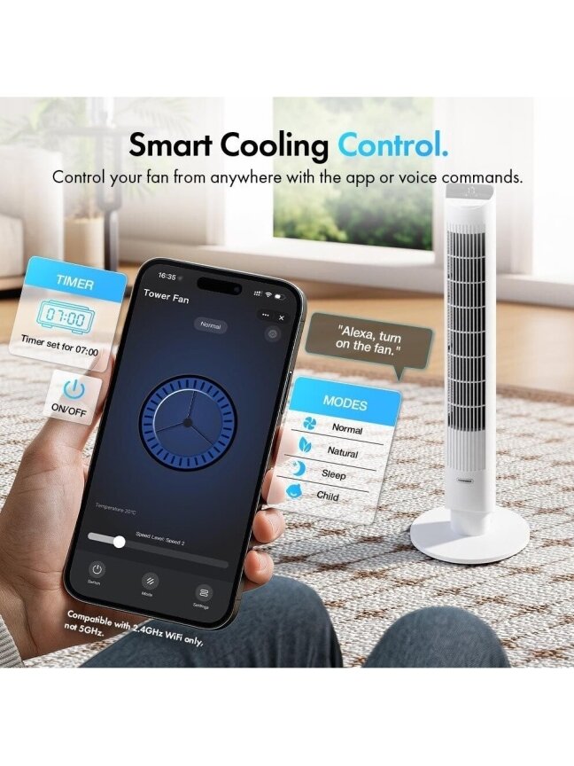 40 collu torņa ventilators ar Wi-Fi – balts 2