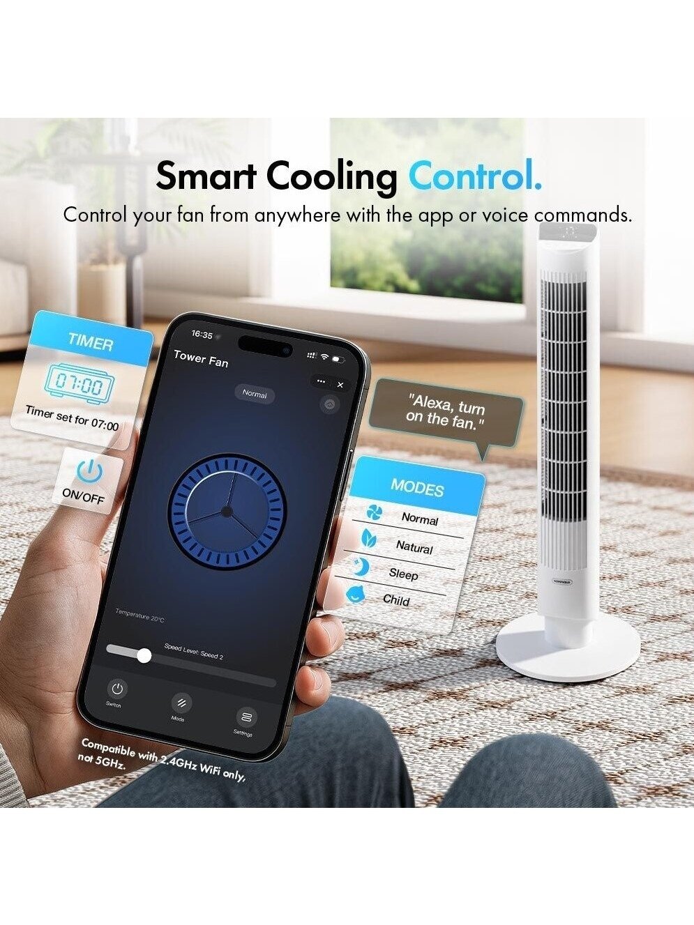 40 collu torņa ventilators ar Wi-Fi – balts 2