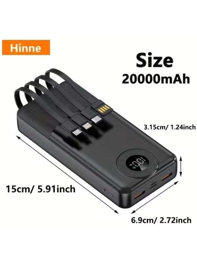 20000mAh Power Bank with Integrated 4-in-1 USB Type-C Cable – Universal Charger