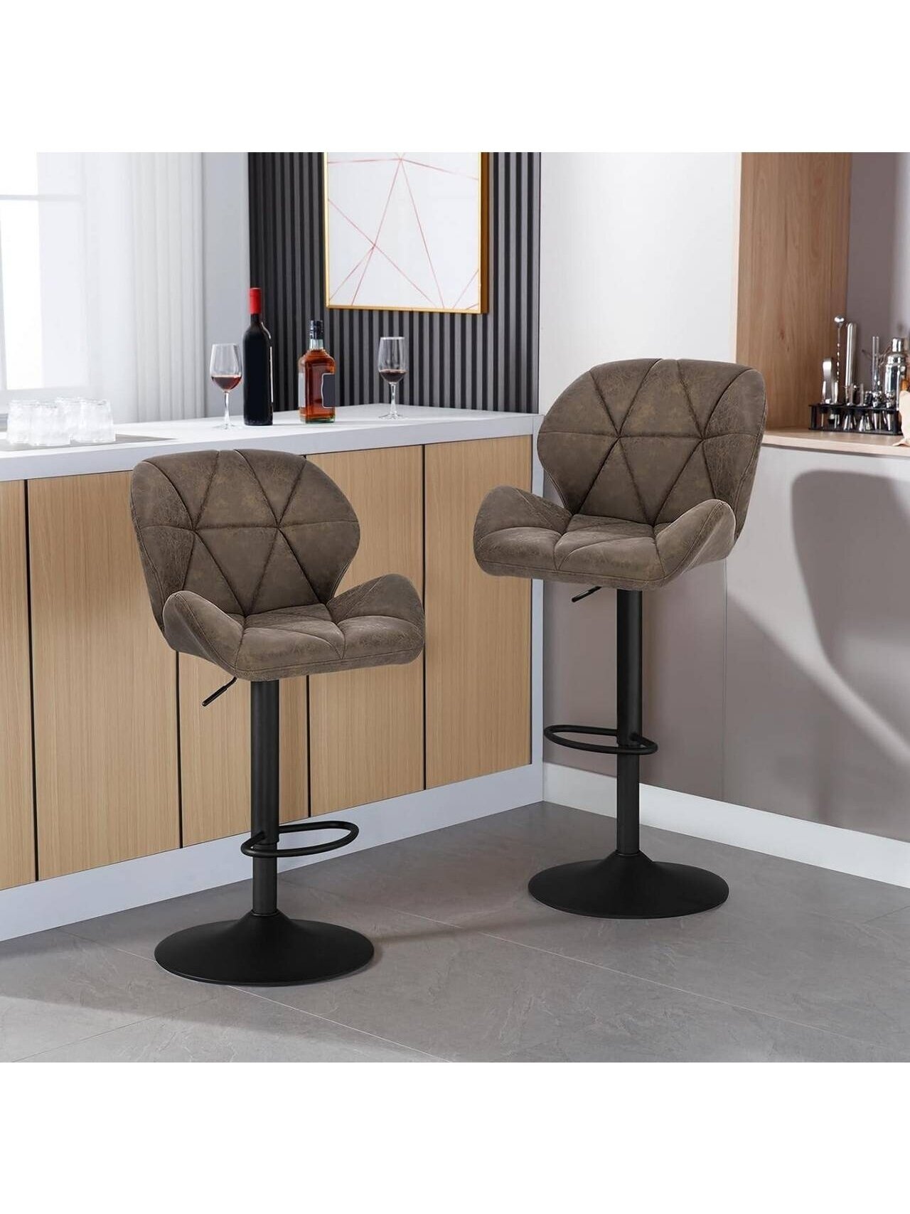 Set of 2 Bar Stools with Adjustable Backrest and Softly Padded PU Seat, Dark Brown, Faux Leather 2 Set of 2 Bar Stools with Adjustable Backrest and Softly Padded PU Seat, Dark Brown, Faux Leather 2