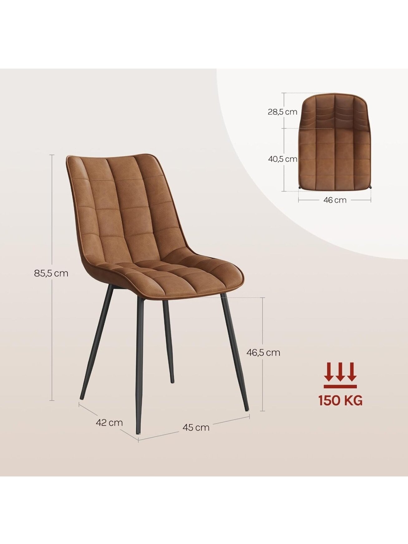 Set of 2 kitchen chairs with padded seats, faux leather upholstery, metal legs, light brown 5
