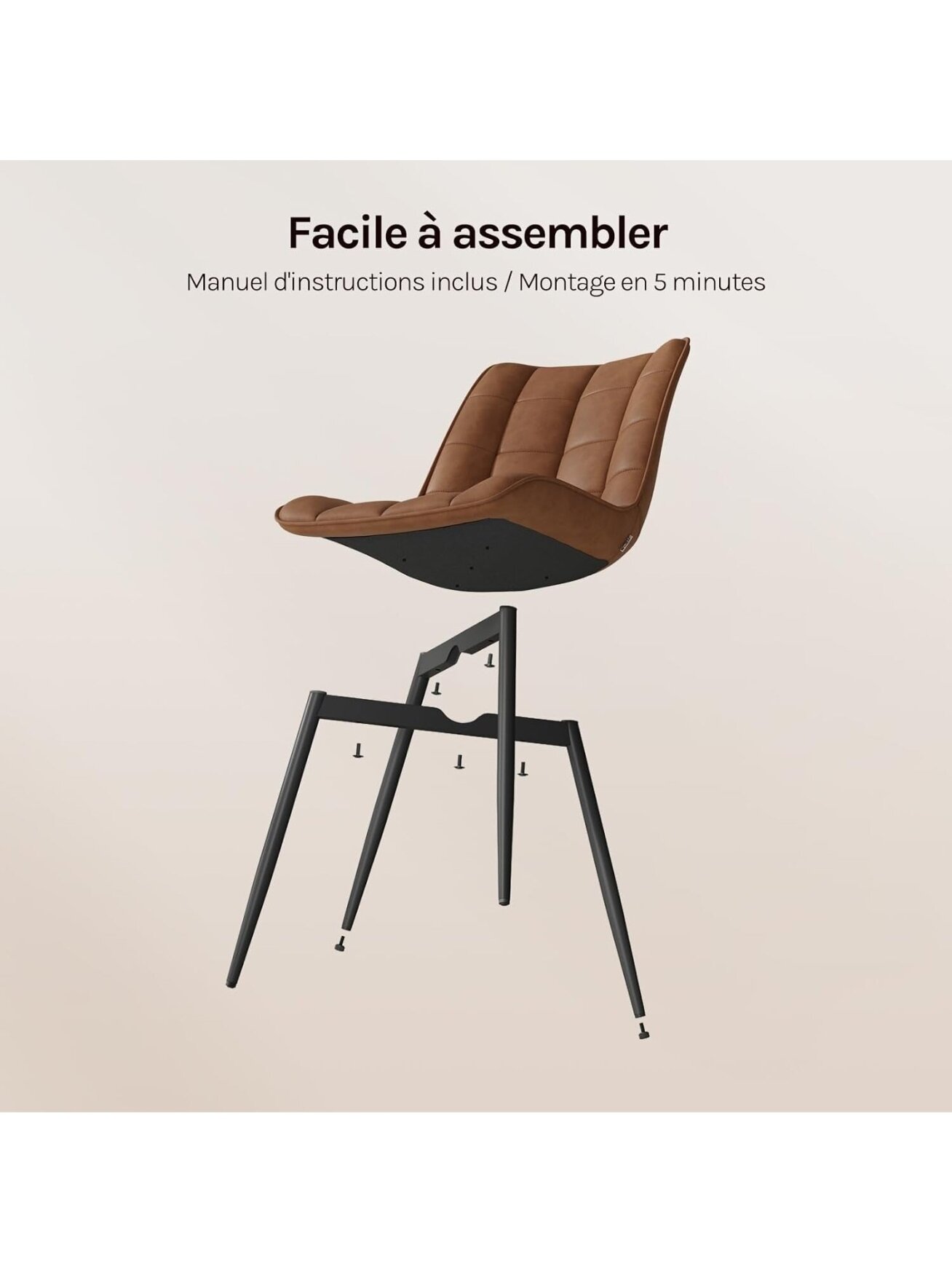 Set of 2 kitchen chairs with padded seats, faux leather upholstery, metal legs, light brown 6