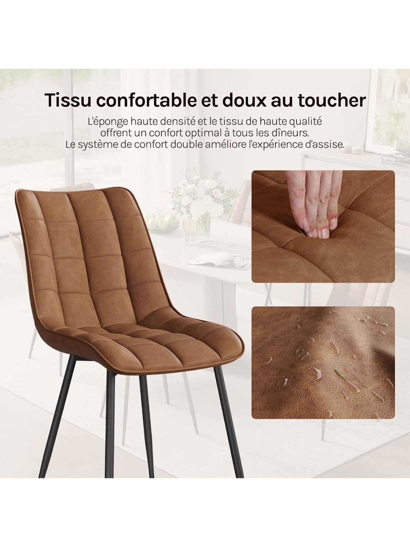 Set of 2 kitchen chairs with padded seats, faux leather upholstery, metal legs, light brown 8