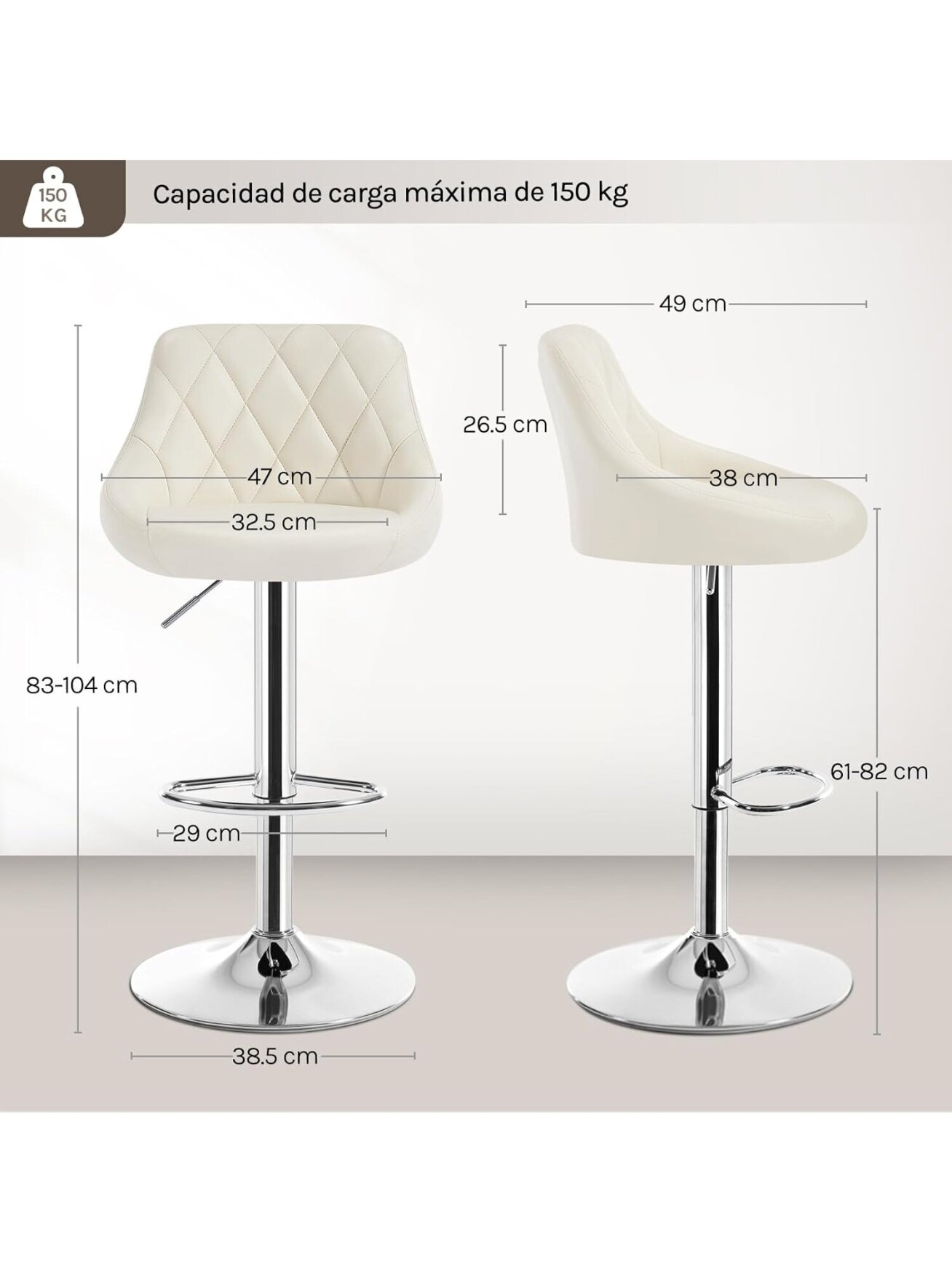 Set of 2 Bar Stools with Backrest, Faux Leather, Adjustable Height Kitchen Bar Chairs, Cream Color 3 Set of 2 Bar Stools with Backrest, Faux Leather, Adjustable Height Kitchen Bar Chairs, Cream Color 3