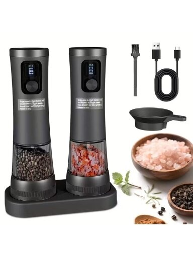 Komplekt 2 kaasaskantavat elektrilist pipra- ja soolaveskit aluskomplektiga