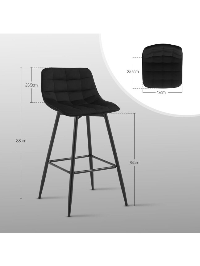 Zestaw 2 krzeseł barowych – wysokie krzesła o designerskim wyglądzie do baru lub bistro, welurowe siedzisko, podnóżek, metalowa rama 6