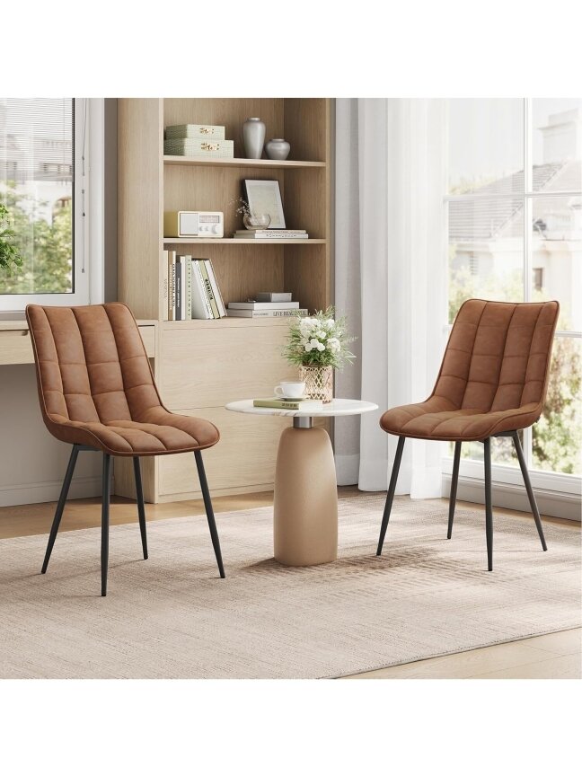 Set of 2 kitchen chairs with padded seats, faux leather upholstery, metal legs, light brown 2