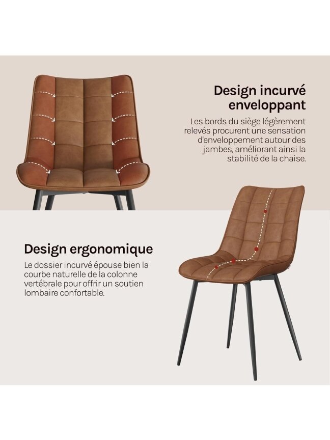 Set of 2 kitchen chairs with padded seats, faux leather upholstery, metal legs, light brown 4