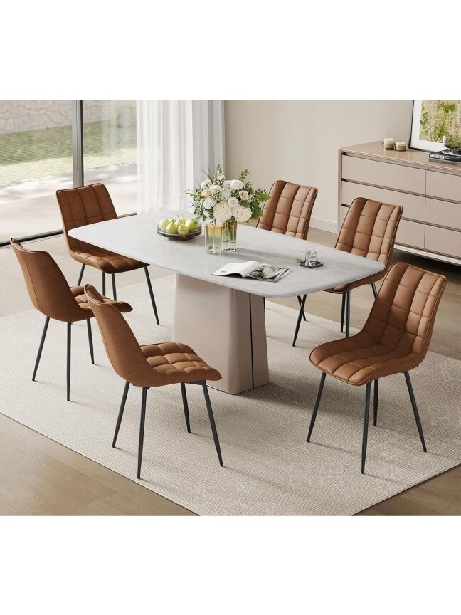Set of 2 kitchen chairs with padded seats, faux leather upholstery, metal legs, light brown 1