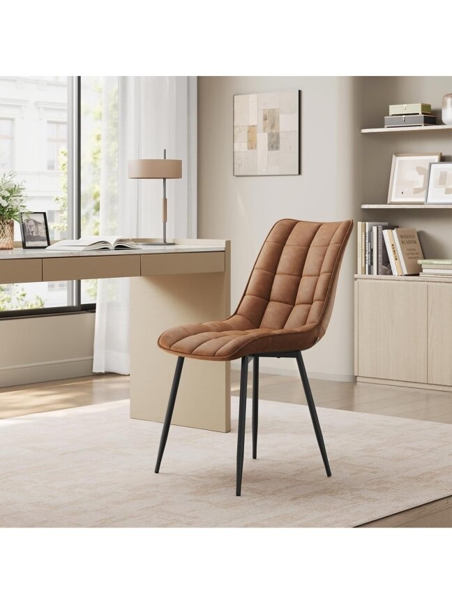 Set of 2 kitchen chairs with padded seats, faux leather upholstery, metal legs, light brown 9