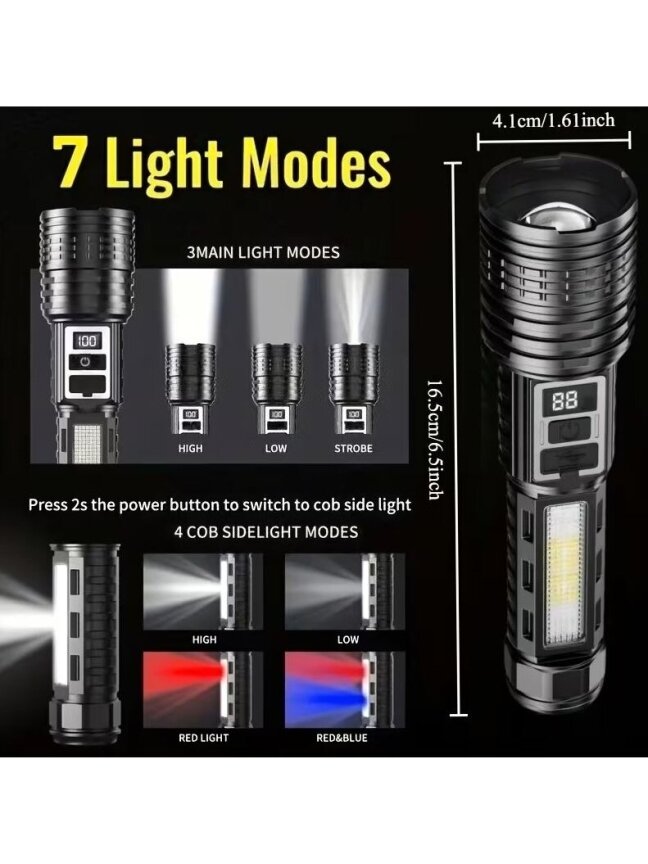2 pcs Rechargeable LED Flashlights with 7 Modes, Zoom Function and Type-C Charging 1