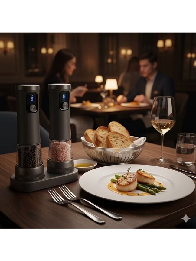 Set of 2 Portable Electric Pepper and Salt Grinders with Base 2