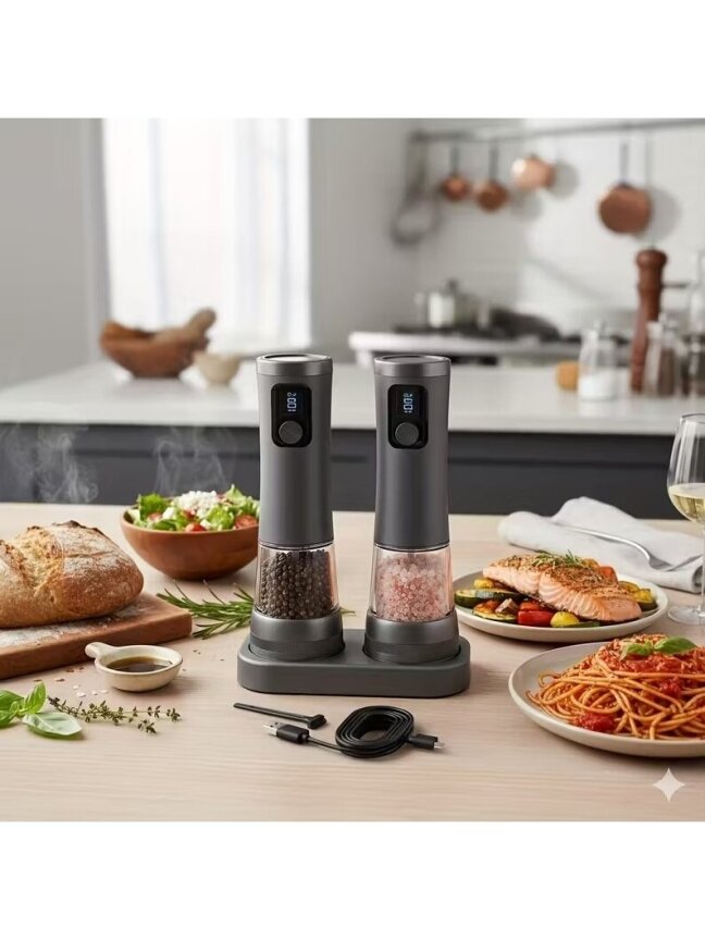 Set of 2 Portable Electric Pepper and Salt Grinders with Base 3