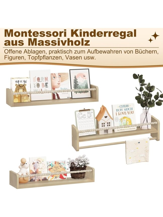 3 lastetoa seinariiulite komplekt, 60 cm, valmistatud täispuidust. 4