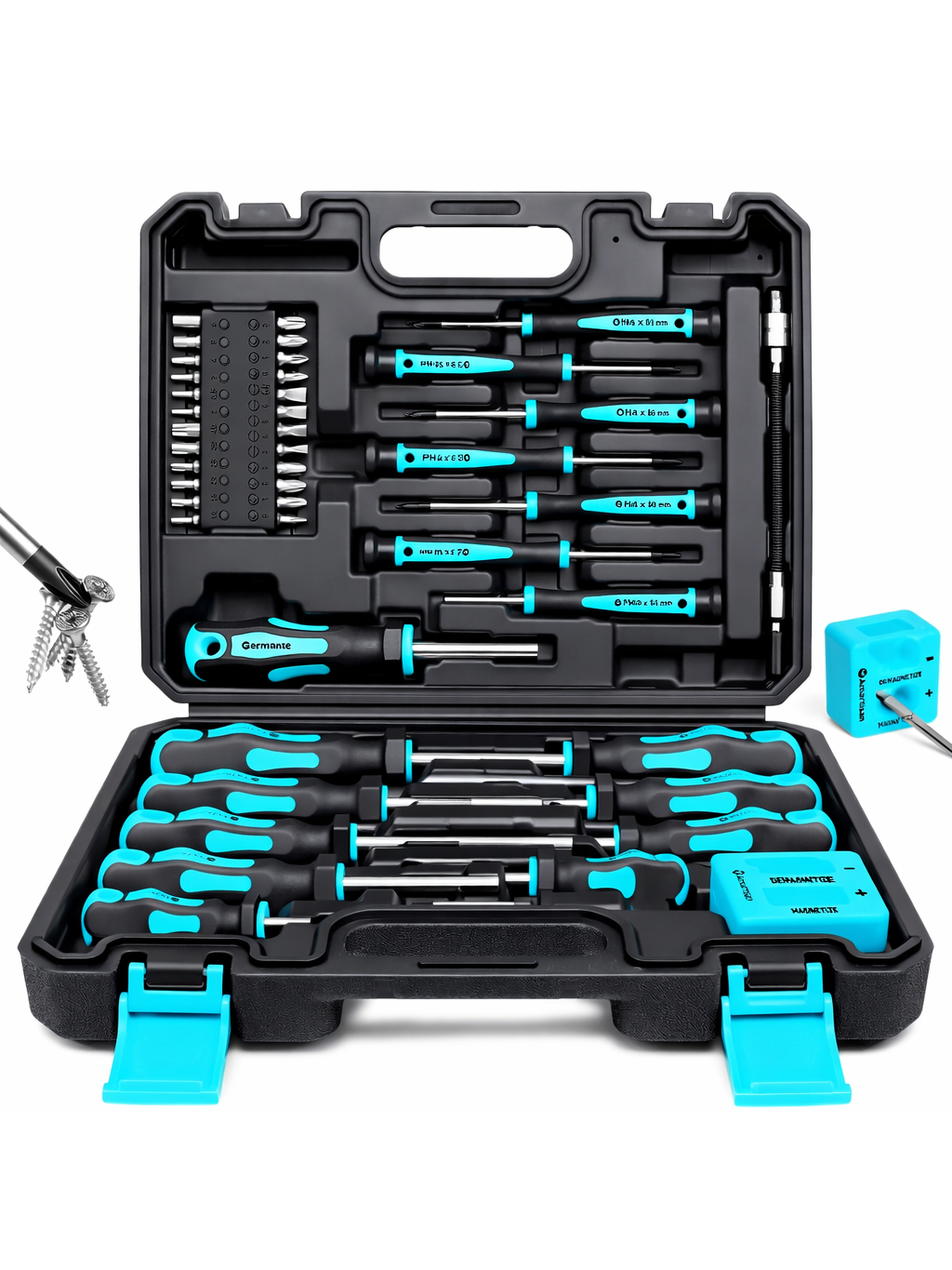 43-piece magnetic screwdriver set with demagnetizer tool (blue).