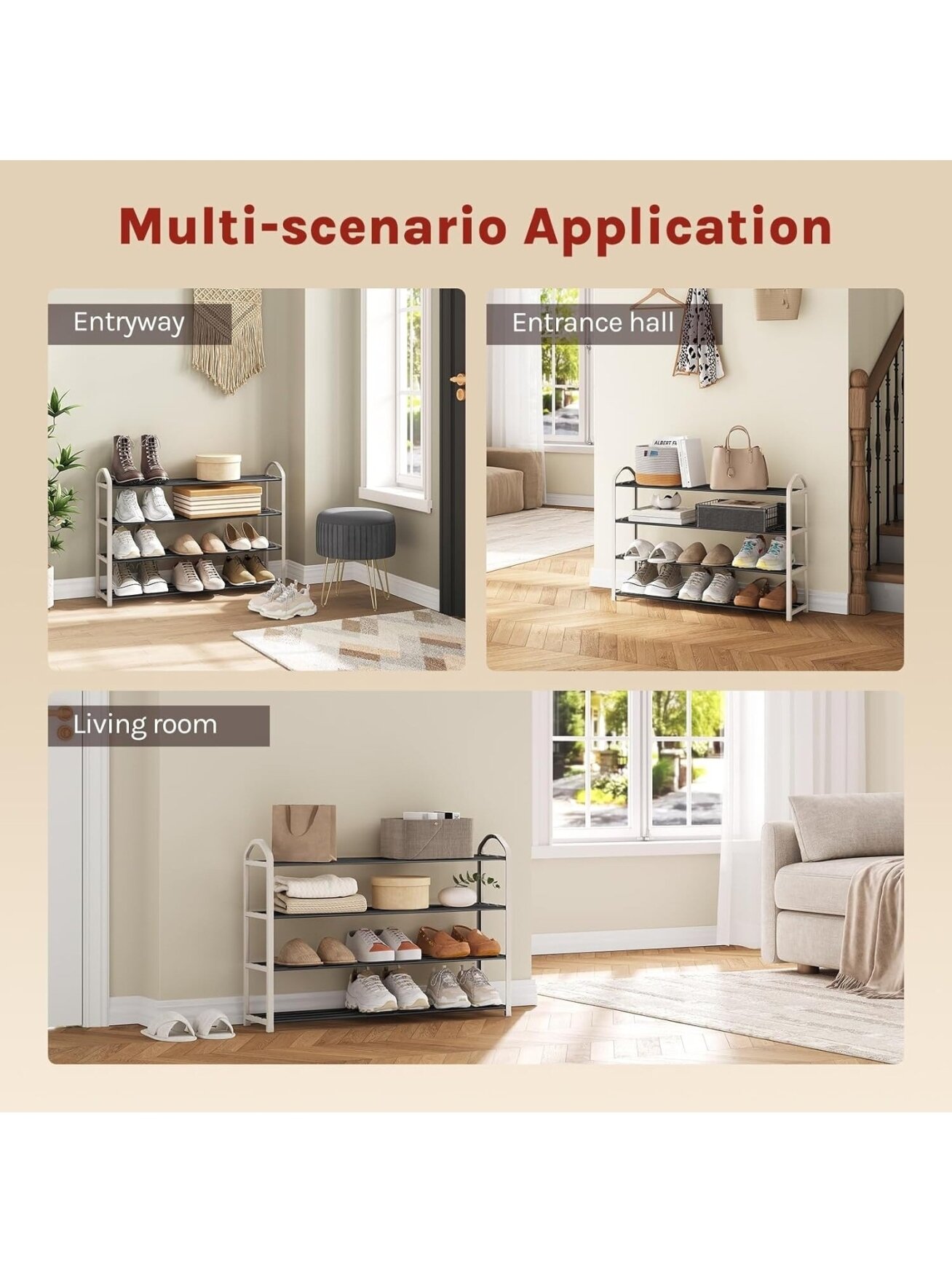 4-tier shoe rack, holds up to 16 pairs of shoes, cream and black color 4 4-tier shoe rack, holds up to 16 pairs of shoes, cream and black color 4