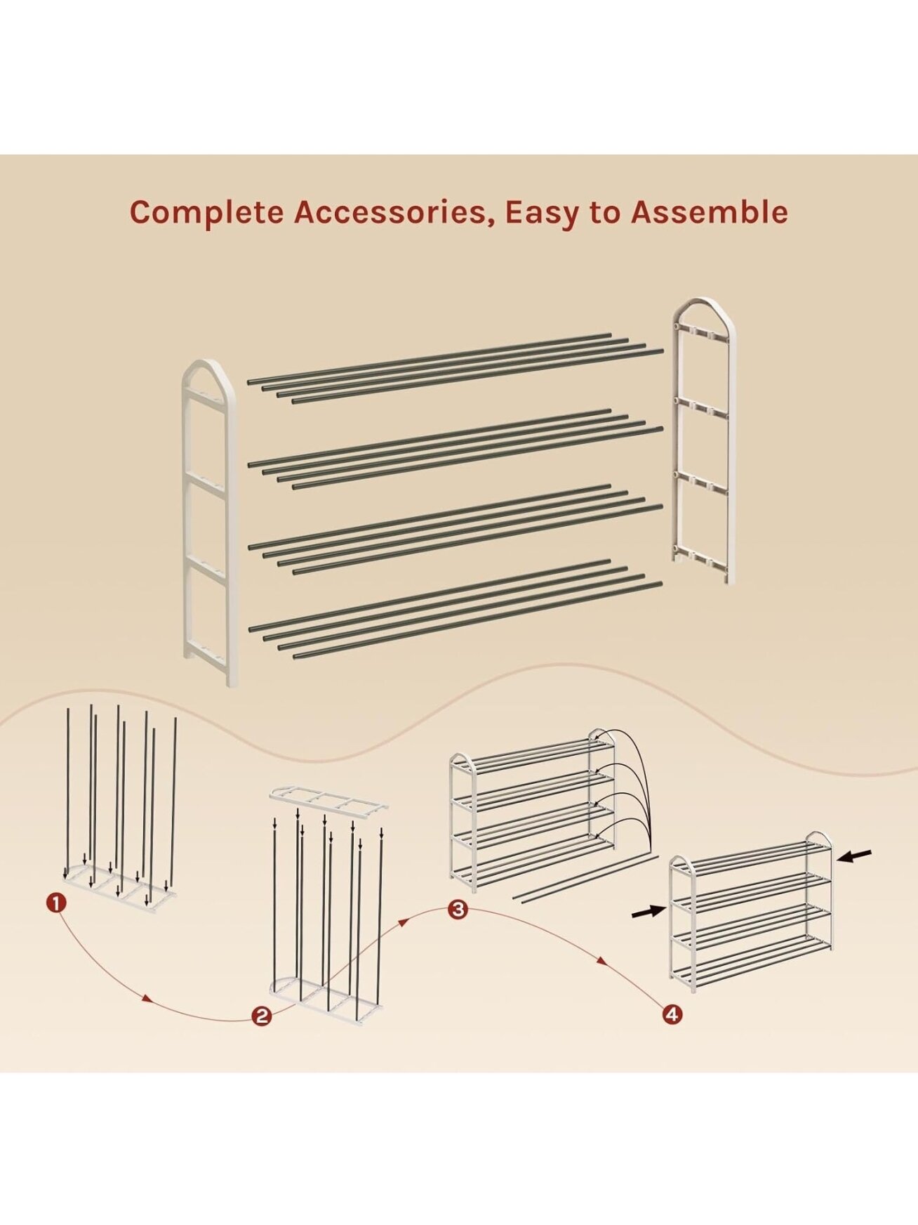 4-tier shoe rack, holds up to 16 pairs of shoes, cream and black color 3 4-tier shoe rack, holds up to 16 pairs of shoes, cream and black color 3