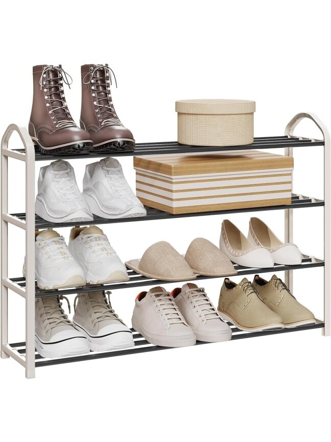 4-tier shoe rack, holds up to 16 pairs of shoes, cream and black color 1 4-tier shoe rack, holds up to 16 pairs of shoes, cream and black color 1