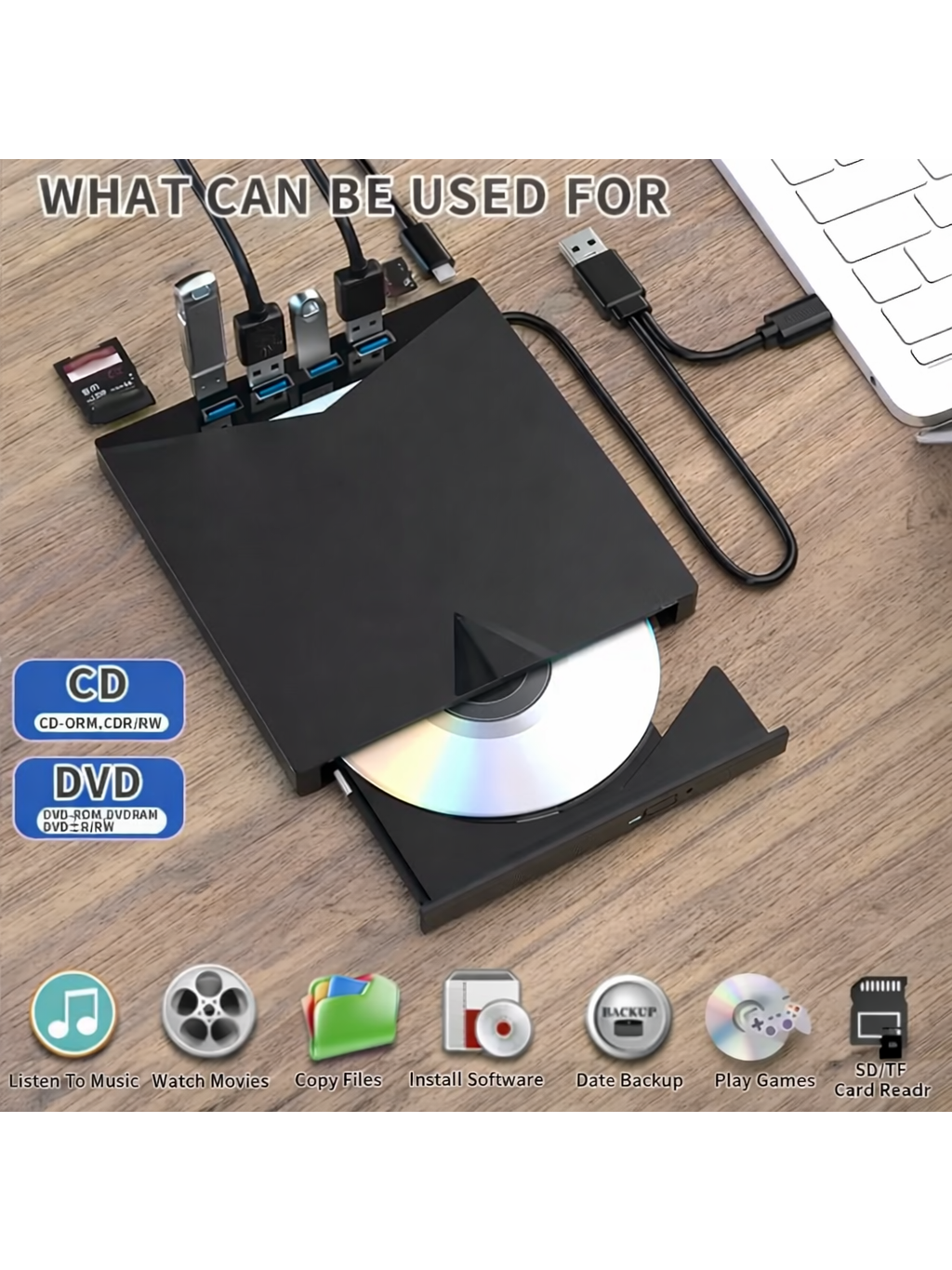 7-in-1 portable USB 3.0 CD/DVD drive (for reading and writing). 1