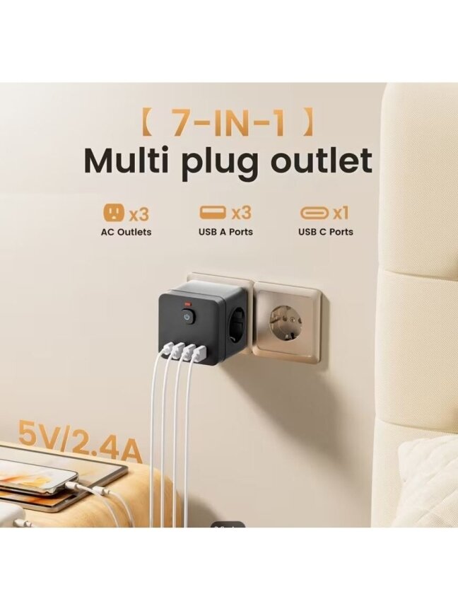 7-in-1 European Power Strip with Switch and Overload Protection 2