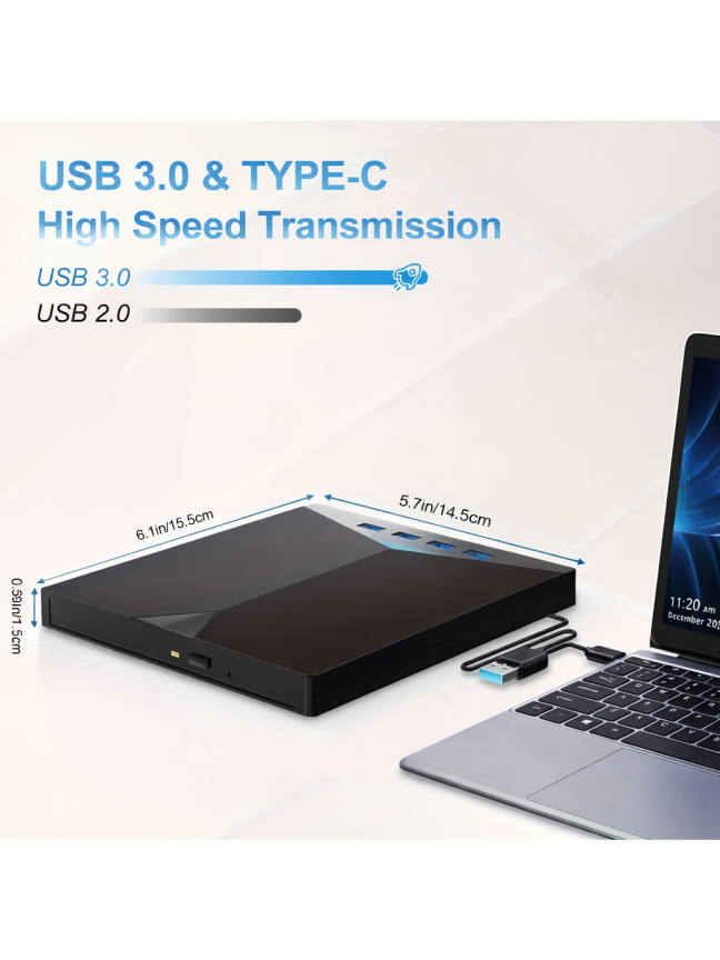 7-in-1 portable USB 3.0 CD/DVD drive (for reading and writing). 2