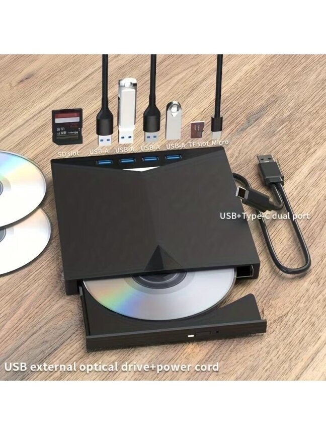 7-in-1 portable USB 3.0 CD/DVD drive (for reading and writing). 3
