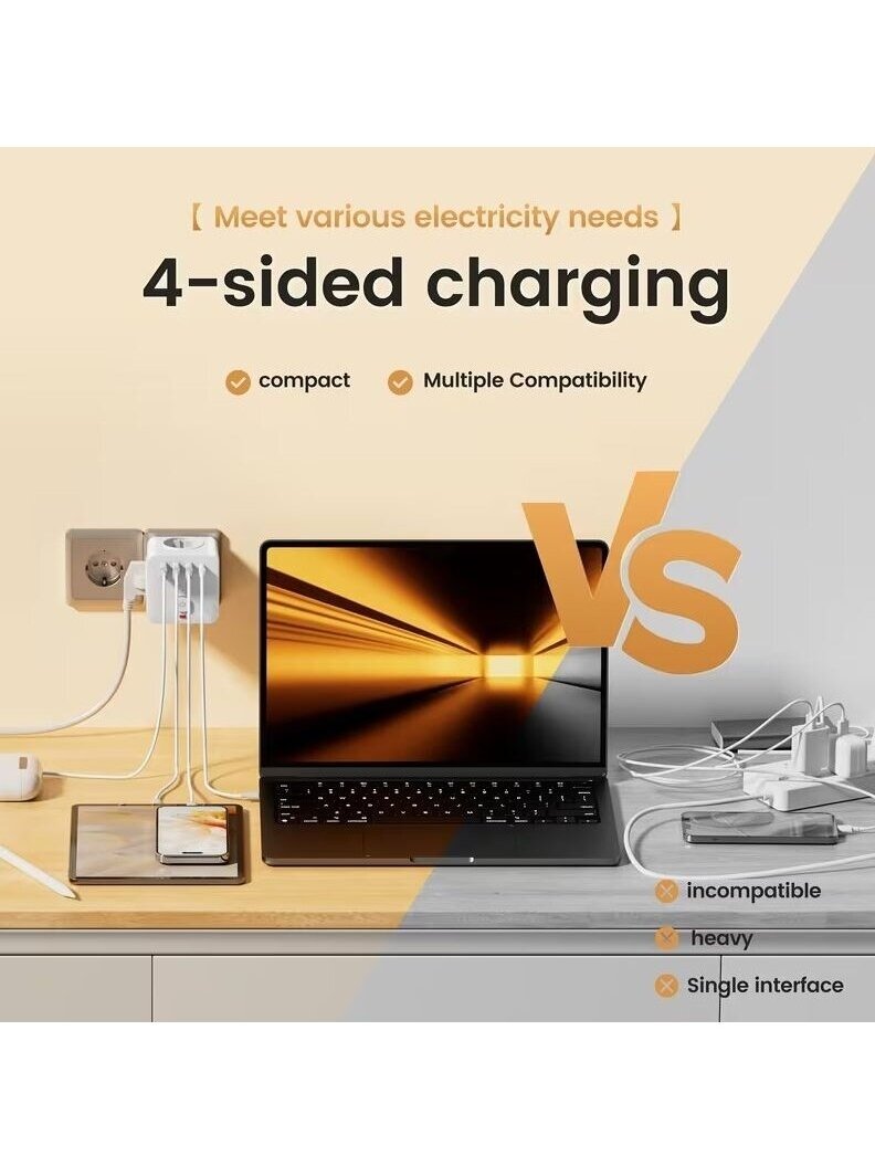 7-in-1 barošanas pagarinātājs ar 3 AC ligzdām, 3 USB pieslēgvietām un 1 Type-C portu 2