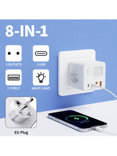 8-in-1 ES kontaktligzdu bloks ar USB, Type-C un regulējamu naktslampu.