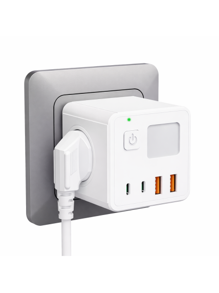 Сетевой удлинитель 8-в-1 с вилкой EU, USB, Type-C и регулируемой ночной подсветкой.