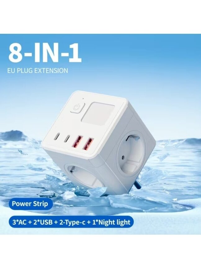 8-in-1 EU power strip with USB, Type-C, and adjustable night light. 3 8-in-1 EU power strip with USB, Type-C, and adjustable night light. 3