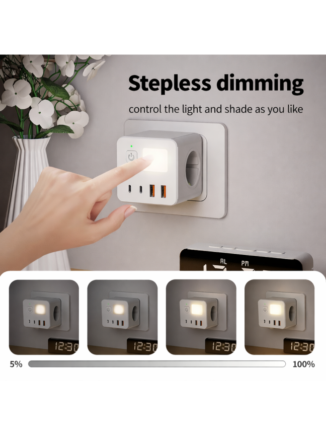 Listwa zasilająca 8 w 1 EU z USB, Type-C i regulowaną lampką nocną. 2