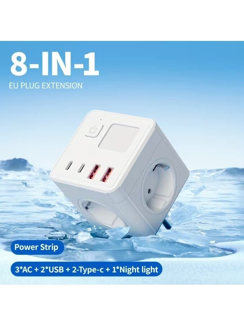8-in-1 EU power strip with USB, Type-C, and adjustable night light. 3 8-in-1 EU power strip with USB, Type-C, and adjustable night light. 3