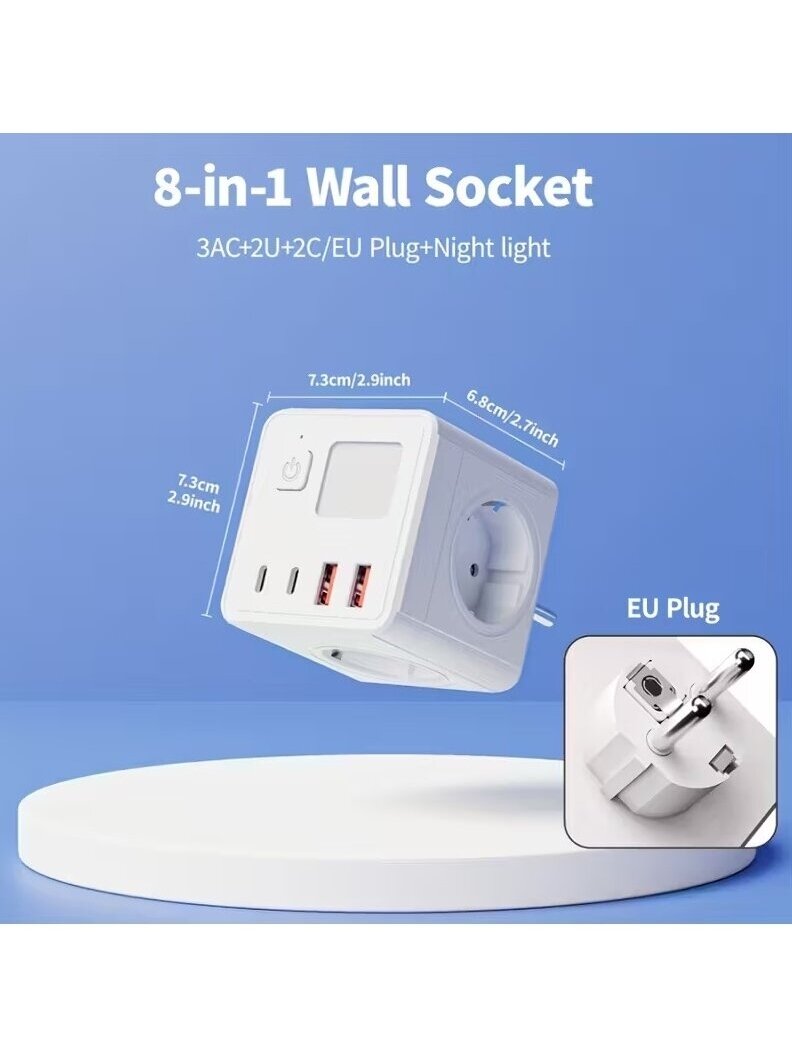 8-in-1 EU power strip with USB, Type-C, and adjustable night light. 4 8-in-1 EU power strip with USB, Type-C, and adjustable night light. 4