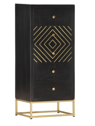 Cabinet with drawers, black and gold, 45x30x105cm, mango wood