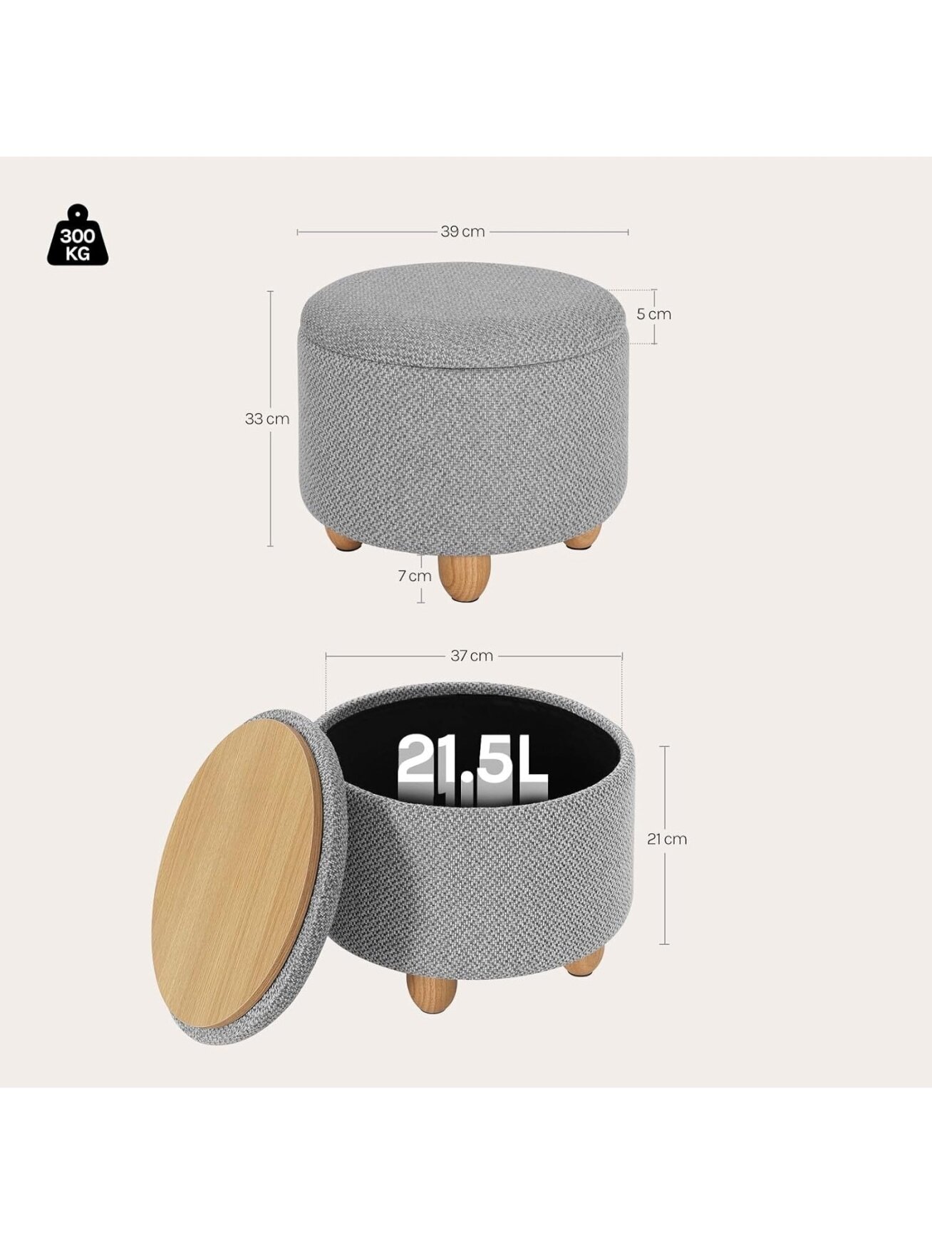 Round storage ottoman with lid, soft footrest with storage space, solid wood legs, linen cover, 39 x 33 cm, light grey. 6 Round storage ottoman with lid, soft footrest with storage space, solid wood legs, linen cover, 39 x 33 cm, light grey. 6