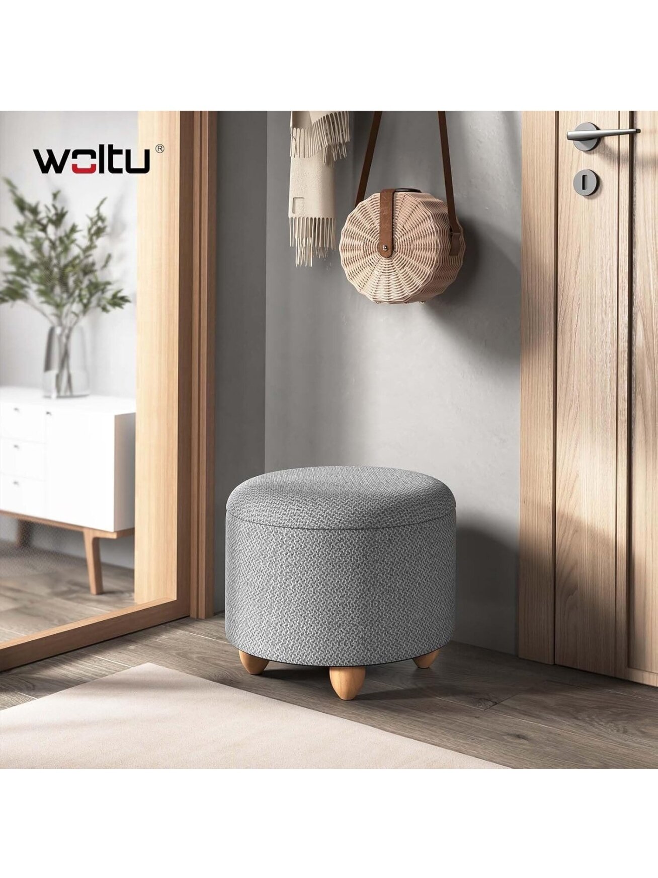 Round storage ottoman with lid, soft footrest with storage space, solid wood legs, linen cover, 39 x 33 cm, light grey. Round storage ottoman with lid, soft footrest with storage space, solid wood legs, linen cover, 39 x 33 cm, light grey.