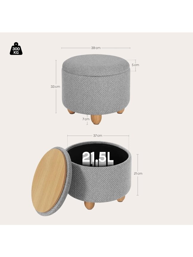 Round storage ottoman with lid, soft footrest with storage space, solid wood legs, linen cover, 39 x 33 cm, light grey. 6 Round storage ottoman with lid, soft footrest with storage space, solid wood legs, linen cover, 39 x 33 cm, light grey. 6