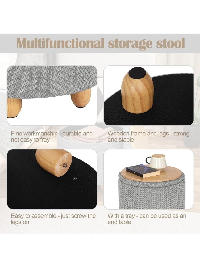 Round storage ottoman with lid, soft footrest with storage space, solid wood legs, linen cover, 39 x 33 cm, light grey. 7 Round storage ottoman with lid, soft footrest with storage space, solid wood legs, linen cover, 39 x 33 cm, light grey. 7