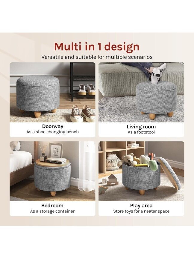 Round storage ottoman with lid, soft footrest with storage space, solid wood legs, linen cover, 39 x 33 cm, light grey. 3 Round storage ottoman with lid, soft footrest with storage space, solid wood legs, linen cover, 39 x 33 cm, light grey. 3