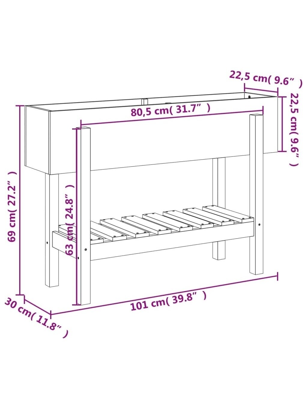 Tall garden bed, black, 101 × 30 × 69 cm, solid pine 7