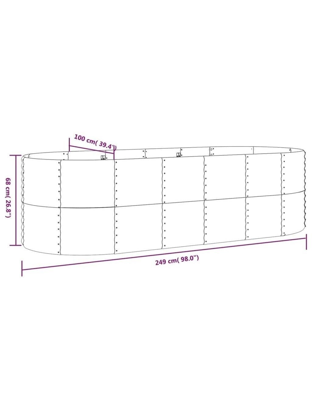Tall garden bed, grey, 249x100x68 cm, galvanized steel 5