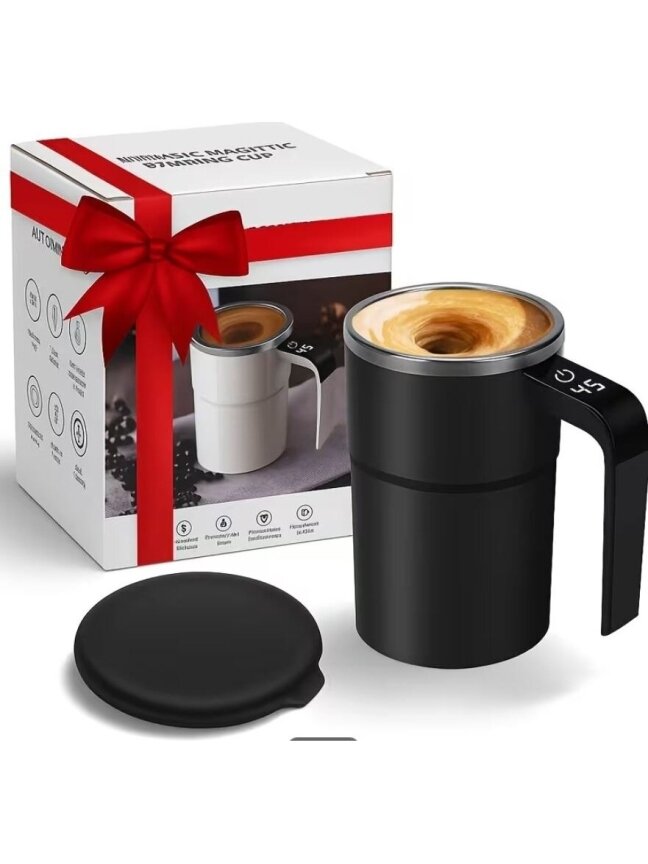 Automatic self-stirring coffee mug with temperature display