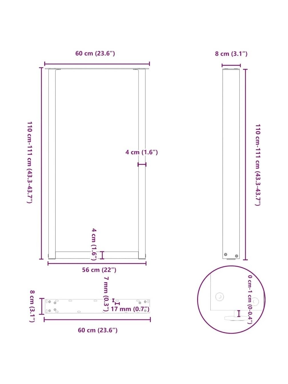 Bar table legs, U-shaped, 2 pcs, black, 60 × (110–111) cm, steel 9