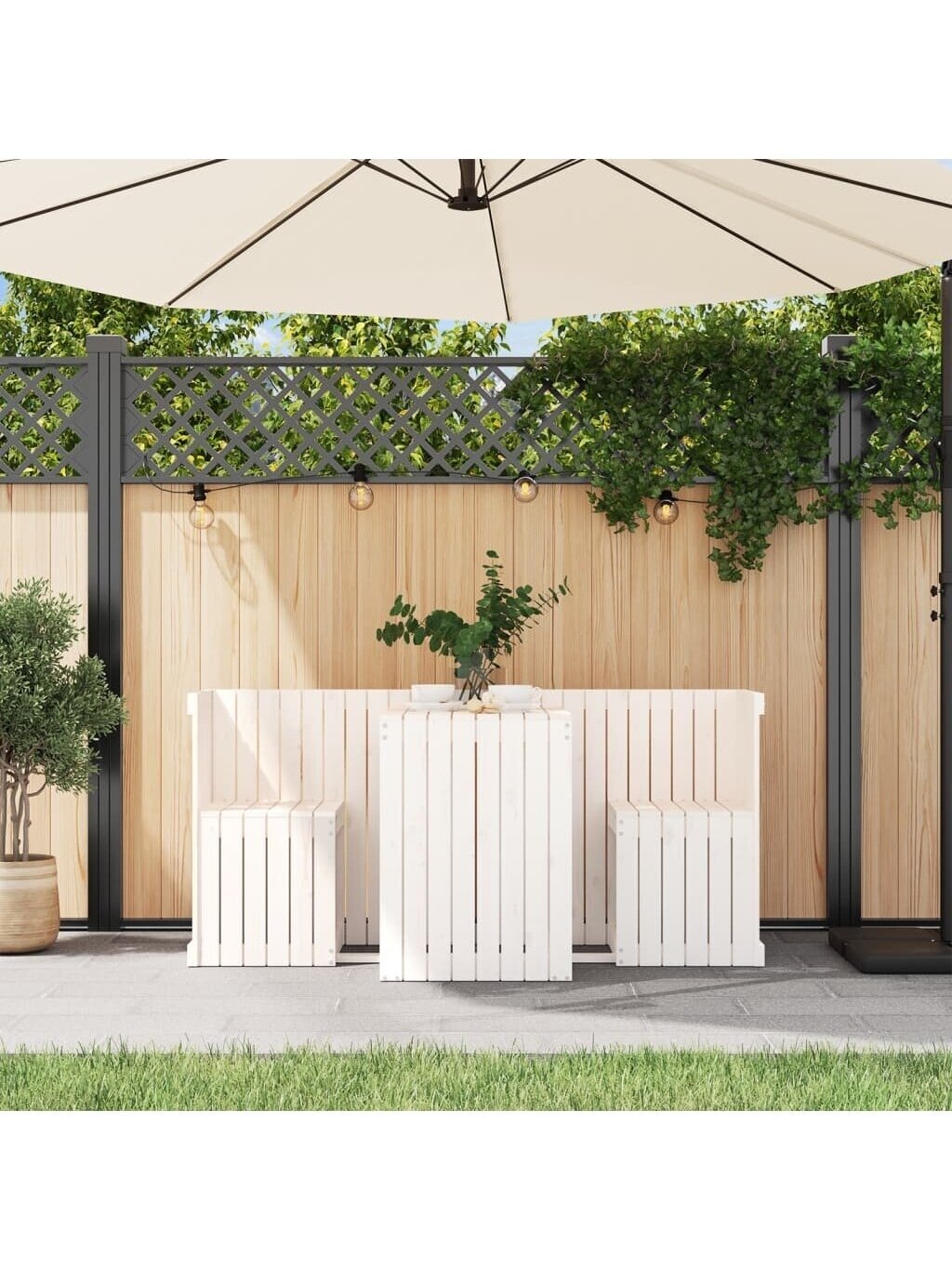 2-person balcony furniture set, white, made of solid pine wood.