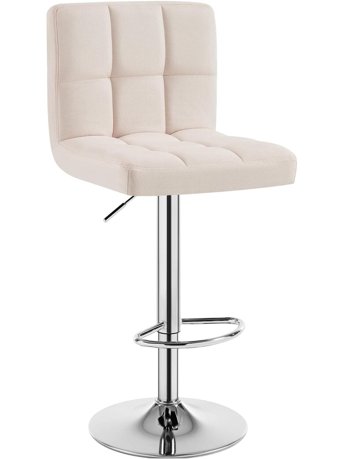 Bar stool, height adjustable, linen fabric upholstery, with backrest, cream color.