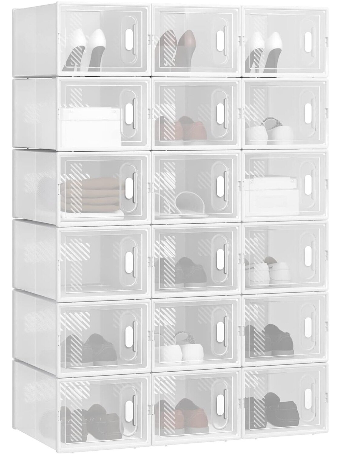 Shoe rack with 18 stackable shoe boxes, shoe cabinet system with magnetic closure, plastic DIY construction, 25 x 19 x 35 cm, transparent white. 6 Shoe rack with 18 stackable shoe boxes, shoe cabinet system with magnetic closure, plastic DIY construction, 25 x 19 x 35 cm, transparent white. 6