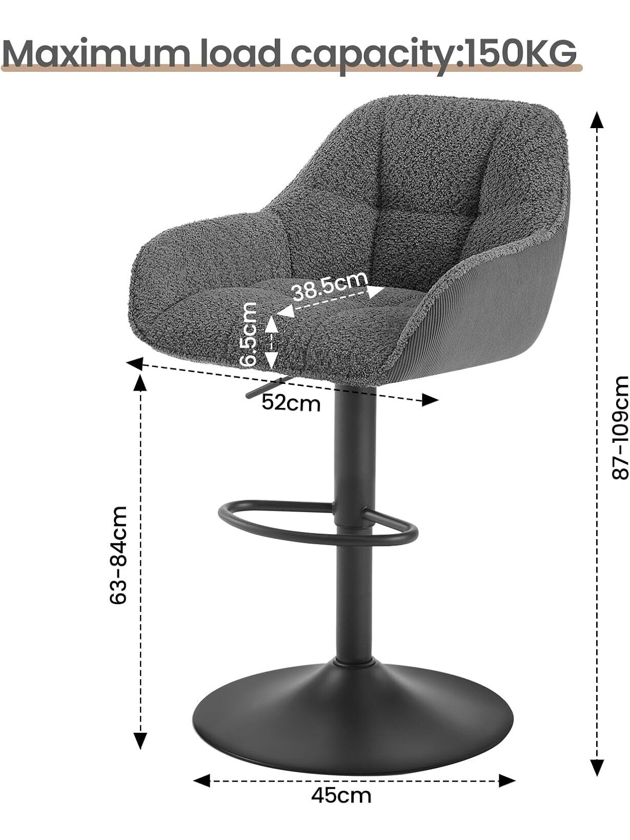 Set of 2 Bar Stools, Height Adjustable, 360° Swivel 1