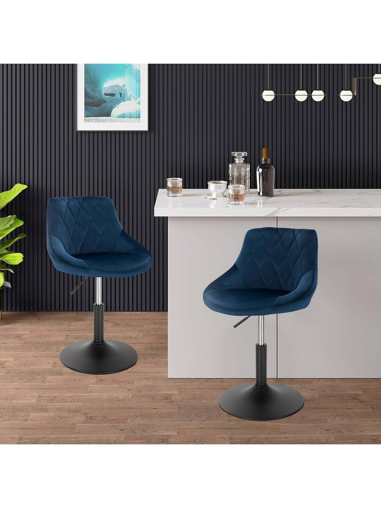 Set of 2 Bar Stools, with Backrest, Velvet Upholstery, Blue. 2