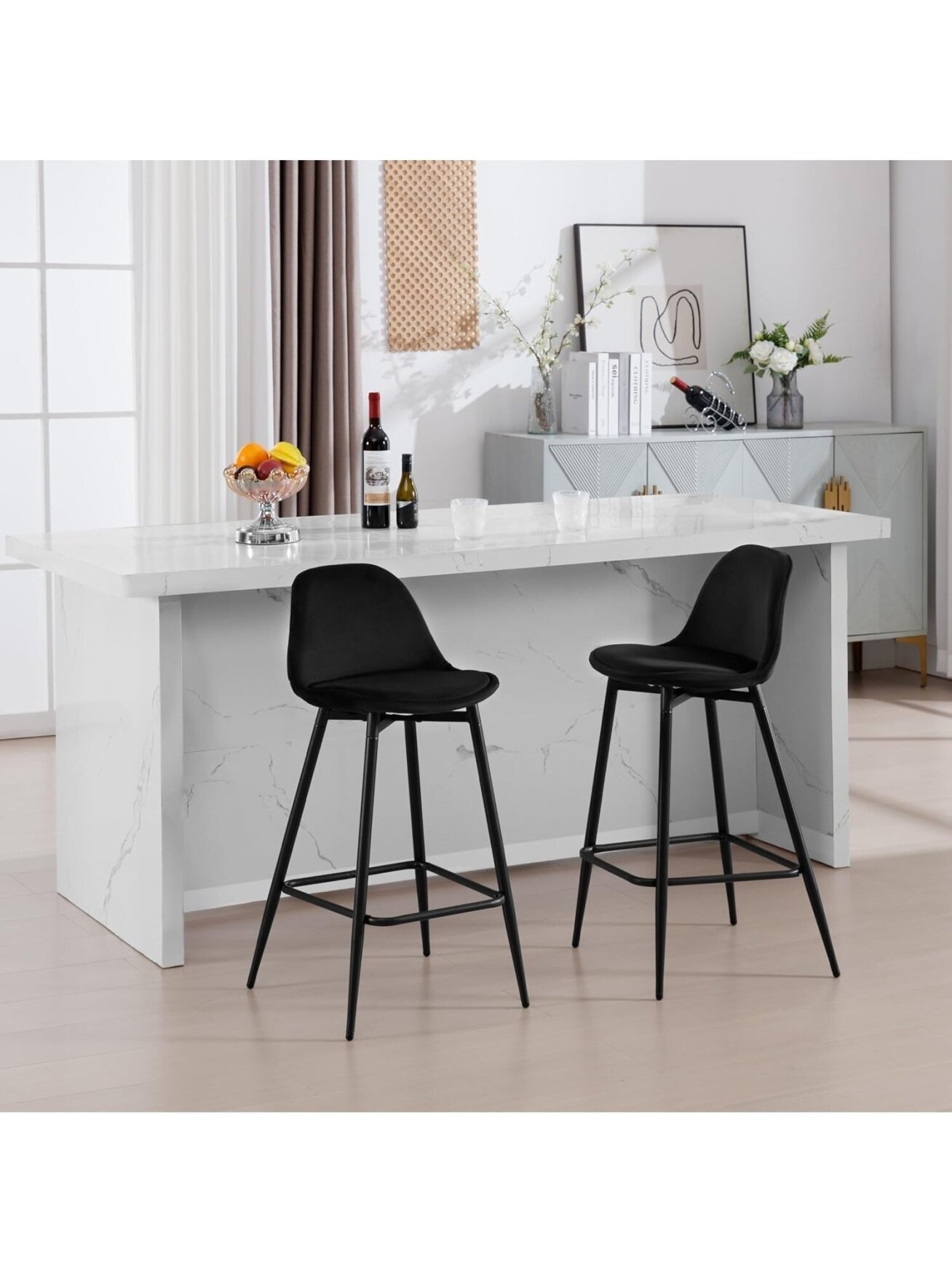 Bar Stools Set of 2, Velvet Upholstery, Metal Frame.