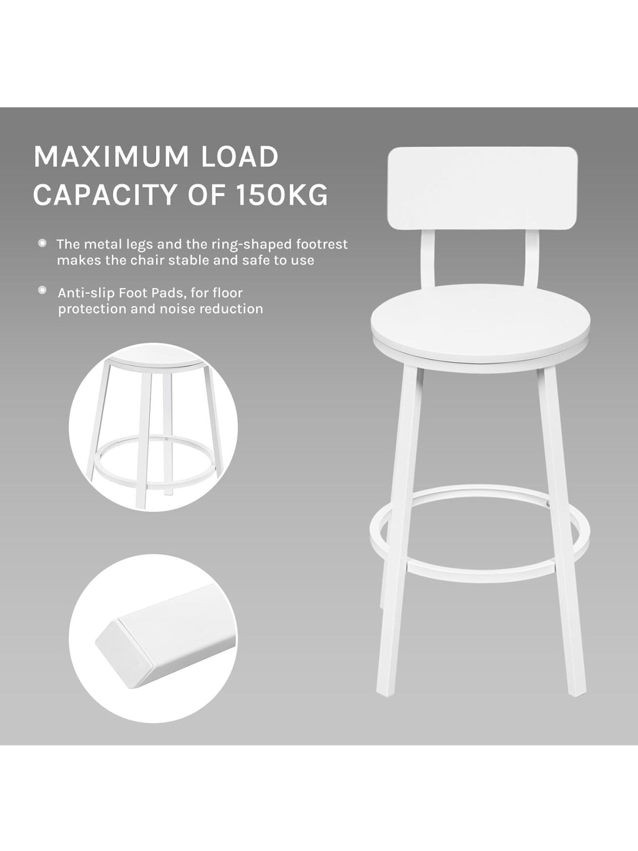 Set of 2 Bar Stools with Backrest, White | Metal Frame, for Kitchen Island 3